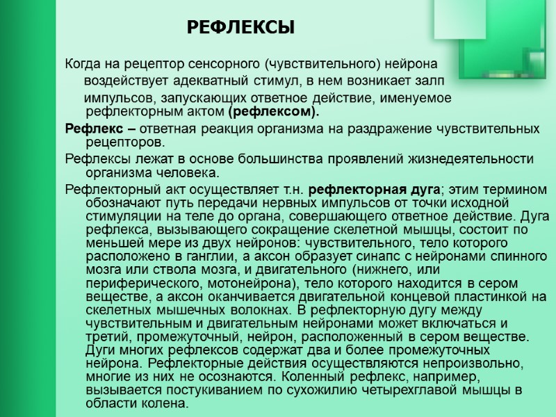 РЕФЛЕКСЫ  Когда на рецептор сенсорного (чувствительного) нейрона      